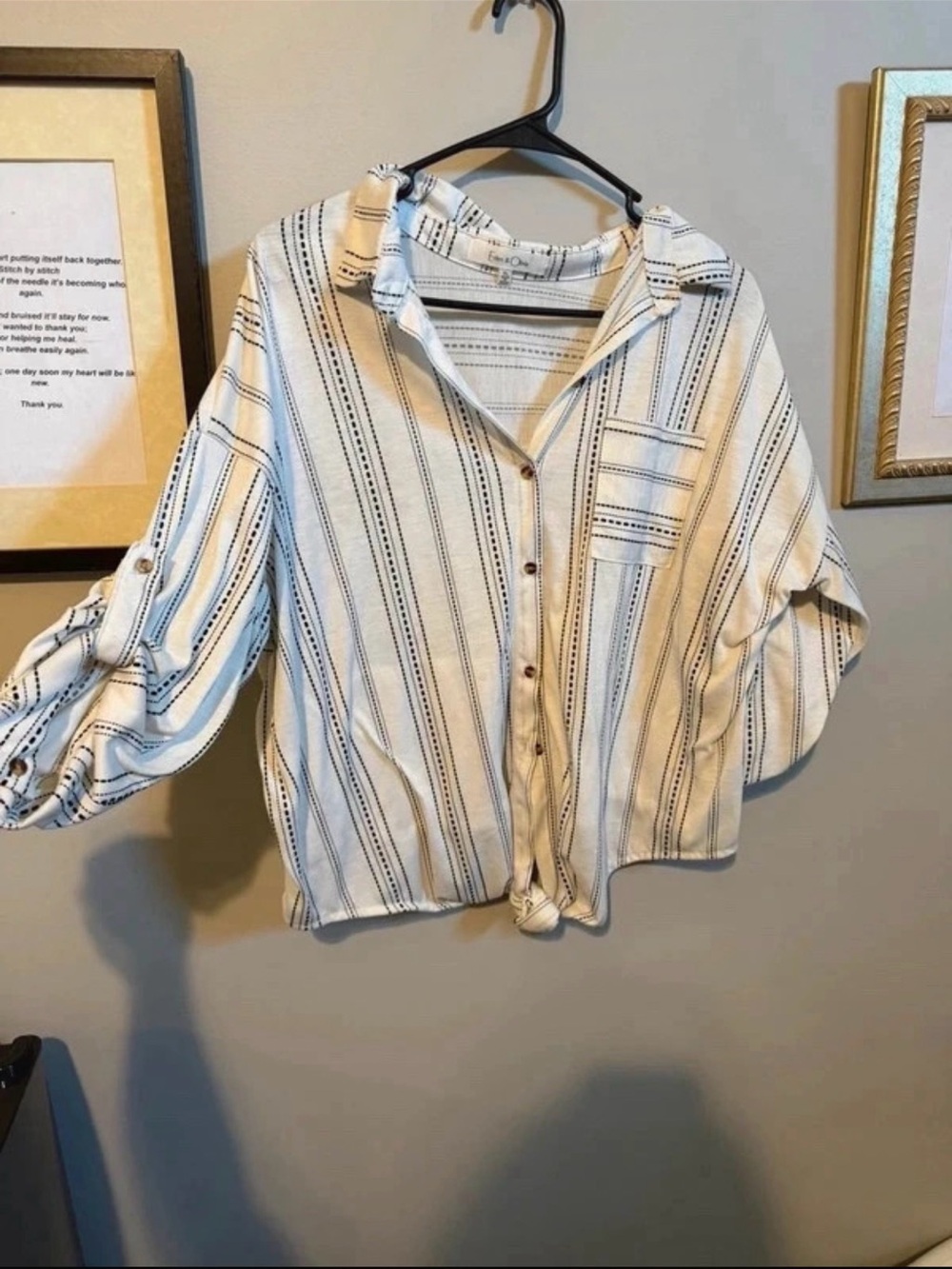 Woven Striped Button-Front Women’s Top in Cream and Black